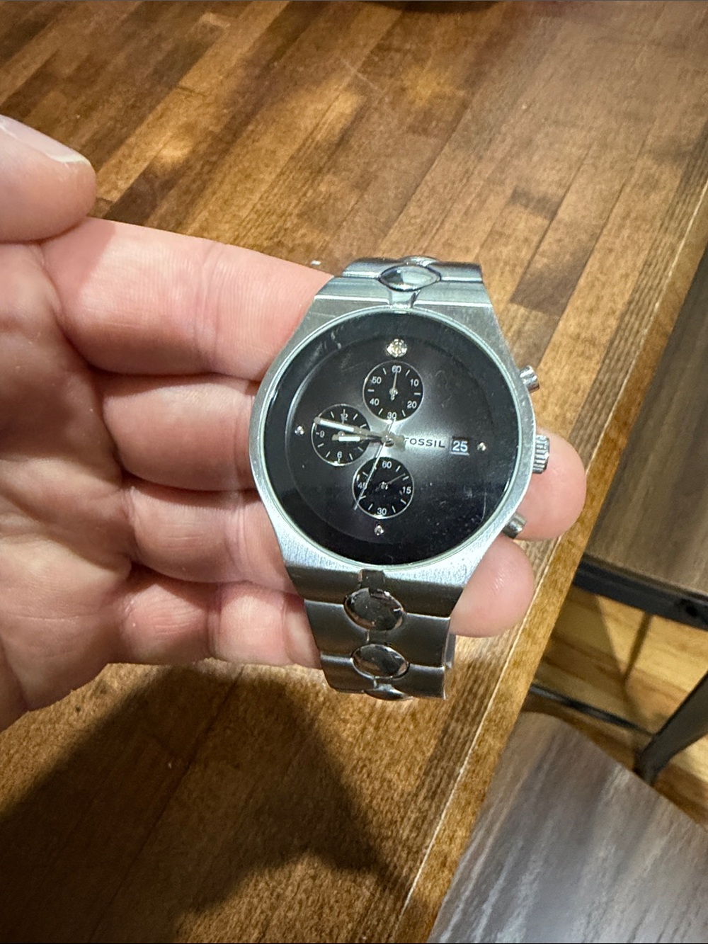 Fossil Silver Stainless Steel Watch with Black Dial